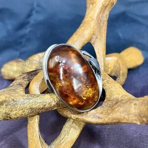 Vintage Large 925 Sterling Silver & Amber Ring Size 7.25
